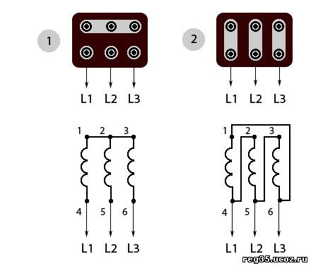 Схемы подключения обмоток трёхфазных электродвигателей